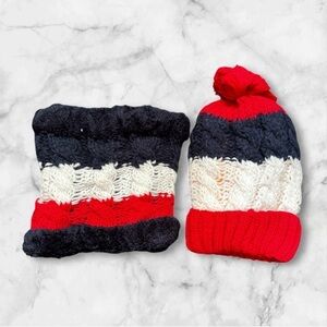 Red white navy blue knit hat and neck warmer set unisex one size winter autumn